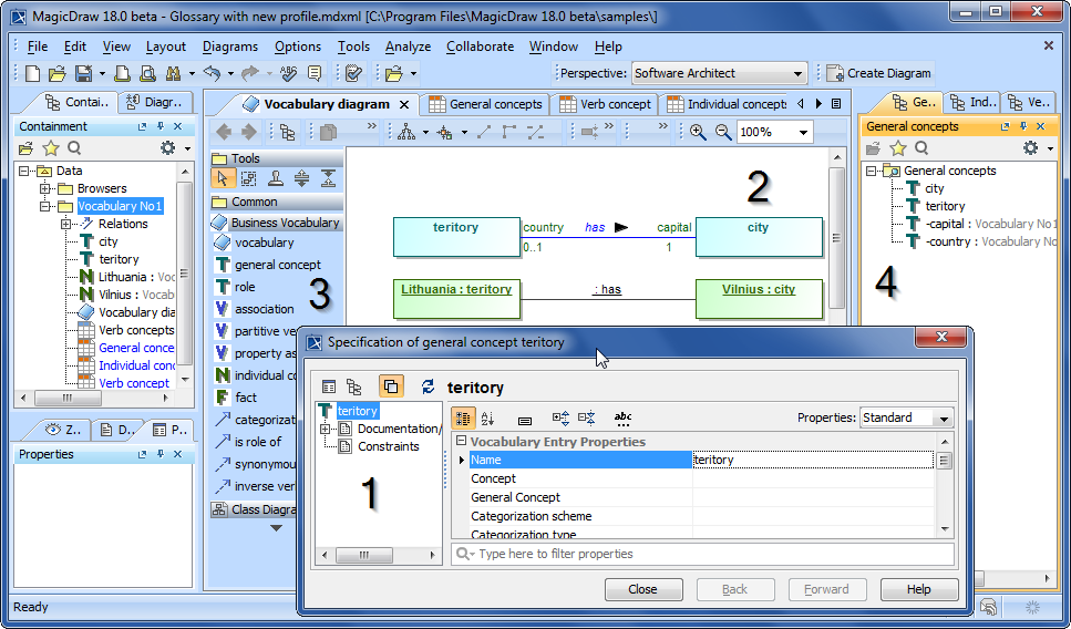     Figure 2. Customized MagicDraw modeling environment for the development of SBVR business vocabularies